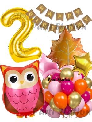 Parti Station Orman Woodland Baykuş Konsept Doğum Günü 2 Yaş Balon Set Baykuş Tema Folyo Balon Set