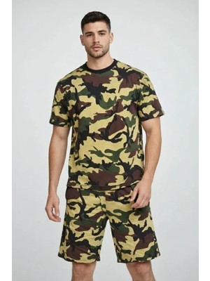 Erkek Kamuflaj Desenli Tişört Şort Takım – Regular Fit Günlük Spor 2’li Yazlık Kombin - K