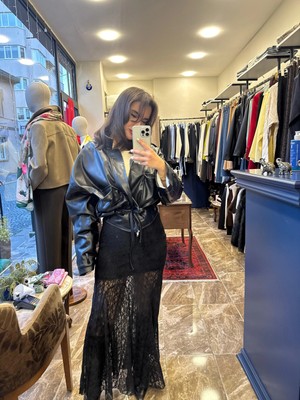 Içi Astarlı Beli Lastikli Dantel Etek - Siyah