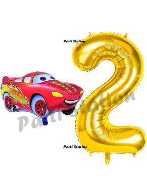 Parti Station Cars Arabalar Balon Konsept 2 Yaş Balon Set Şimşek Mcqueen Balon ve Gold Rakam Balon Doğum Günü Set