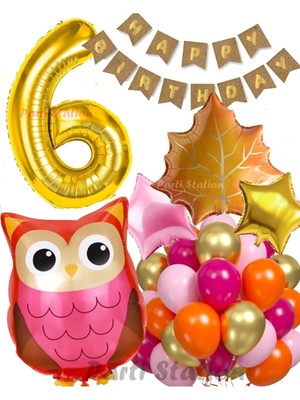 Parti Station Orman Woodland Baykuş Konsept Doğum Günü 6 Yaş Balon Set Baykuş Tema Folyo Balon Set