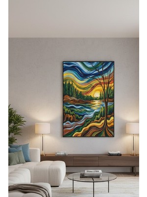 Safir Design Canlı Renk Paletli Orman ve Gökyüzü Illüstrasyonu Çerçeveli Tablo