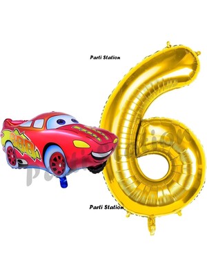 Parti Station Cars Arabalar Balon Konsept 6 Yaş Balon Set Şimşek Mcqueen Balon ve Gold Rakam Balon Doğum Günü Set