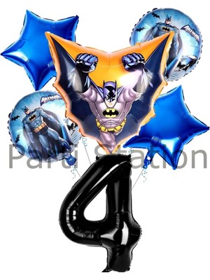 Parti Station Batman 4 Yaş Rakam Yıldız Balon Set Yarasa Adam Batman Doğum Günü Balon Set
