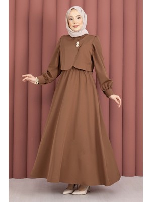 Md Bolerolu Gold Düğmeli Elbise Takım Kahve