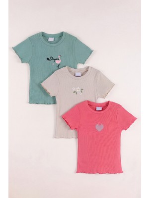 Monox 5-12 Yaş Kız Çocuk 3\'lü Nakışlı Fitilli Tshirt Likralı Esnek Yazlık Body Set