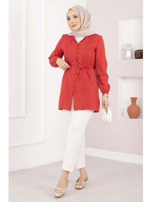Asm Nervür Detaylı Bağcıklı Gömlek Kırmızı