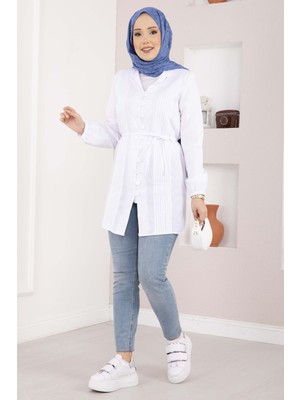 Asm Nervür Detaylı Bağcıklı Gömlek Beyaz