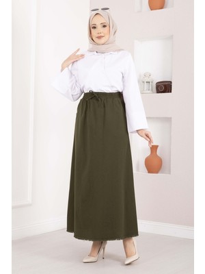 Kç Cep Detaylı Beli Lastikli Etek Haki