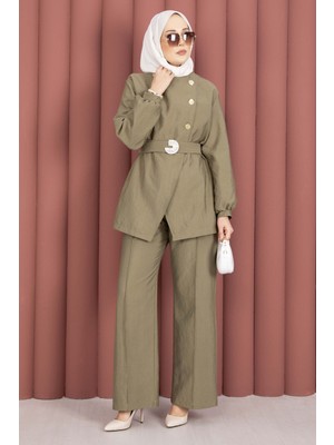 Md Tasarım Gold Düğmeli Kemerli İkili Takım Haki