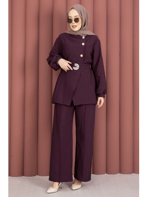 Md Tasarım Gold Düğmeli Kemerli İkili Takım Bordo