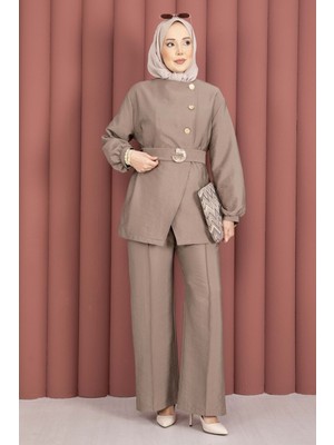 Md Tasarım Gold Düğmeli Kemerli İkili Takım Vizon