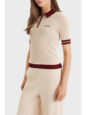 Guess Gabry Logolu Slim Fit Yarım Fermuarlı Kısa Kollu Polo Yaka Triko V6GR04Z0725 Bayan Triko V6GR04 Z0725 G1V1