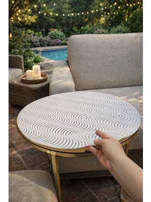 Yuvarlak Krem Bej Paralel Çizgili Dantelli Çeyizlik Orta Sehpa Örtüsü Şeffaf Pvc Masa Örtüsü