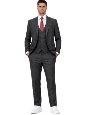 Fabio Cassel Slim Fit  Mono Yaka Çift Yırtmaçlı Astarlı Takım Elbise Yelekli