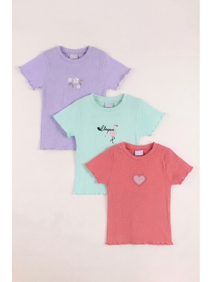 Monox 5-12 Yaş Kız Çocuk 3\'lü Nakışlı Fitilli Tshirt Likralı Esnek Yazlık Body Set