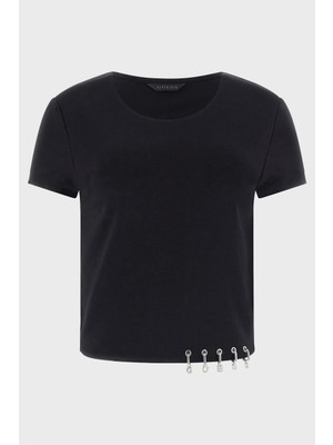 Guess Jersey Logo Detaylı Pamuklu Bisiklet Yaka Crop Top W6GP11K2933 Bayan Top W6GP11 K2933 Jblk