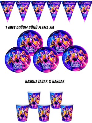 Kpop K-Pop Demon Hunters Temalı 8 Kişilik Tabak , Bardak , Flama Bayrak Doğum Günü Set