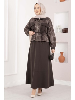 Ns Etnik Desen Crop Ceket Etek Takım Kahve