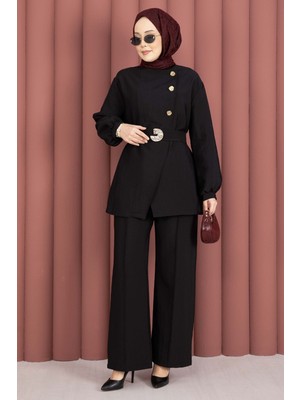 Md Tasarım Gold Düğmeli Kemerli Ikili Takım Siyah