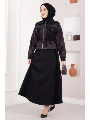 Ns Etnik Desen Crop Ceket Etek Takım Bordo