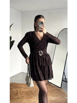 Asfa Moda Kadın Kahverengi Dantel Mini Elbise Kruvaze Yaka Kemerli Uzun Kollu Abiye
