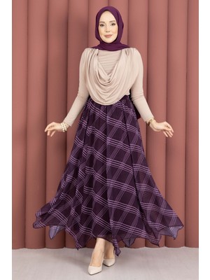 Md Ekose Desenli Asimetrik Kesim Şifon Etek Mürdüm