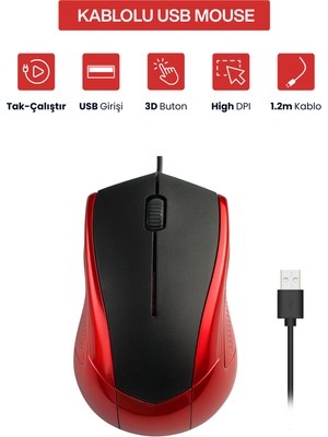 Concord USB Kablolu 3D Optik Mouse – 3 Tuş, Yüksek Dpı Hassasiyetli Bilgisayar Mouse