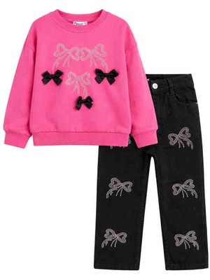 Jeliboom 🎀 Kız Çocuk Taşlı Fiyonklu Sweatshirt & Pantolon Takım 🎀