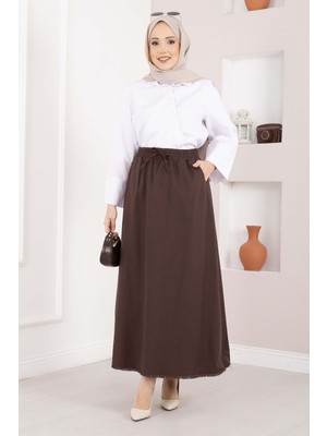 Kç Cep Detaylı Beli Lastikli Etek Kahve