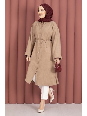 Md Bağcıklı Boydan Düğmeli Tunik Gömlek Vizon
