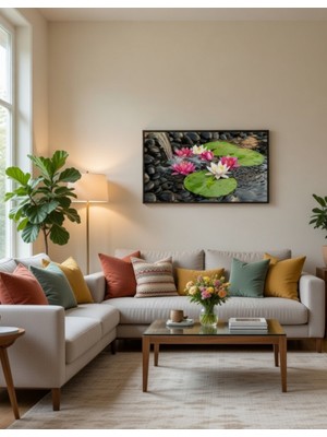 Safir Design Zen Bahçesi Esintili Nilüfer Çiçekleri ve Doğal Taş Temalı Çerçeveli Tablo