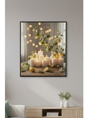 Safir Design Mum Işığı Altında Taze Limonlar ve Beyaz Çiçekler Temalı Çerçeveli Tablo
