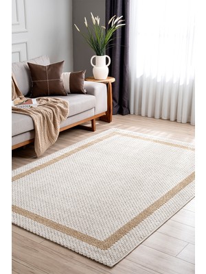 Koza Halı Retro Plain Krem Natural Bordürlü Tozumaz Halı Salon Koridor Balkon Teras Oturma Odası Halısı A3234A, 60 x 100