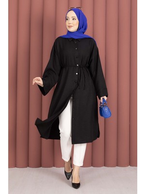 Md Bağcıklı Boydan Düğmeli Tunik Gömlek Siyah