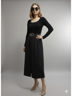 Gizelia Siyah Pilili Zarif Ön Orta Yırtmaçlı Klasik Maxi Boy Şık Kalın Deri Kemerli Etek