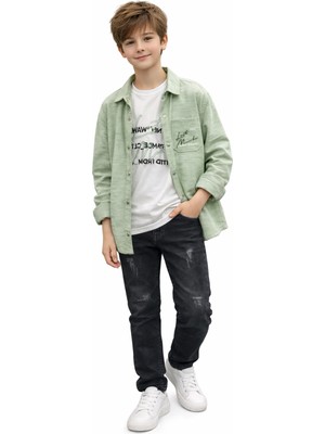 İrem Çocuk Giyim Erkek Çocuk Lost Yazılı Çıtçıt Kapamalı Yeşil Renk Uzun Kol Gömlek Tişört Kot Pantolon Üçlü Takım