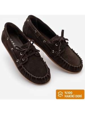 Marjin Kadın Oval Burun Hakiki Deri Bağcıklı Makosen Büzgülü Loafer Günlük Ayakkabı Rudez Kahve Süet