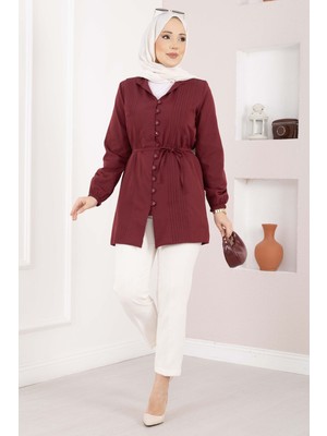 Asm Nervür Detaylı Bağcıklı Gömlek Bordo