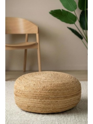 Digithome Dekoratif Küçük Yuvarlak Naturel Yassı Hasır Jüt Puf 40X20 -12084