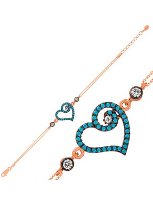 DMR Elegance Gümüş Rose Mavi Kalpli Bayan Bileklik