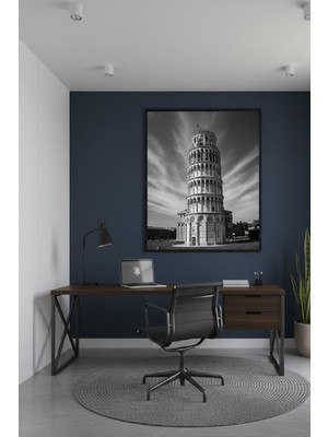 Safir Design Siyah Beyaz Pisa Kulesi Temalı Modern Tasarım Çerçeveli Tablo