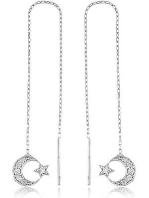 DMR Elegance Gümüş Zincirli Ay Yıldız Küpe
