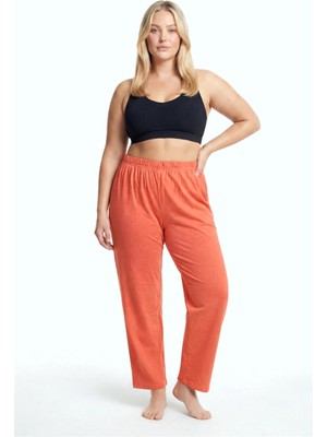 Moda Şahsenem Moda Kadın Turuncu Dokulu Büyük Beden Cepli Pijama Altı Rahat Kesim Esnek Bel Günlük Ev Giyim Alt