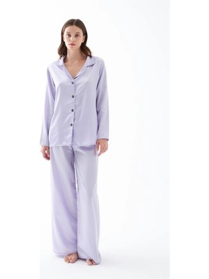 Moda Şahsenem Moda Kadın Lila Oversize Saten Pijama Takımı – Rahat Kesim Şık Ev Giyim Seti