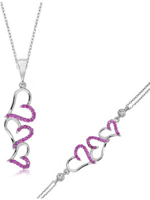 DMR Elegance Gümüş Pembe Üç Kalpli Bayan Set