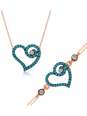 DMR Elegance Gümüş Mavi Kalpli Bayan Set