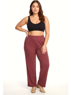 Moda Şahsenem Moda Kadın Bordo Dokulu Büyük Beden Cepli Pijama Altı Rahat Kesim Yumuşak Kumaş Ev Giyim Alt