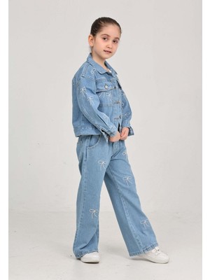 Butik Kız Çocuk Fiyonk Desenli Jean Ceket ve Geniş Paça Pantolon Takımı