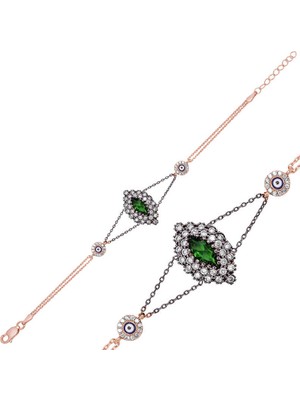 DMR Elegance Gümüş Rose Yeşil Taşlı Otantik Bayan Bileklik